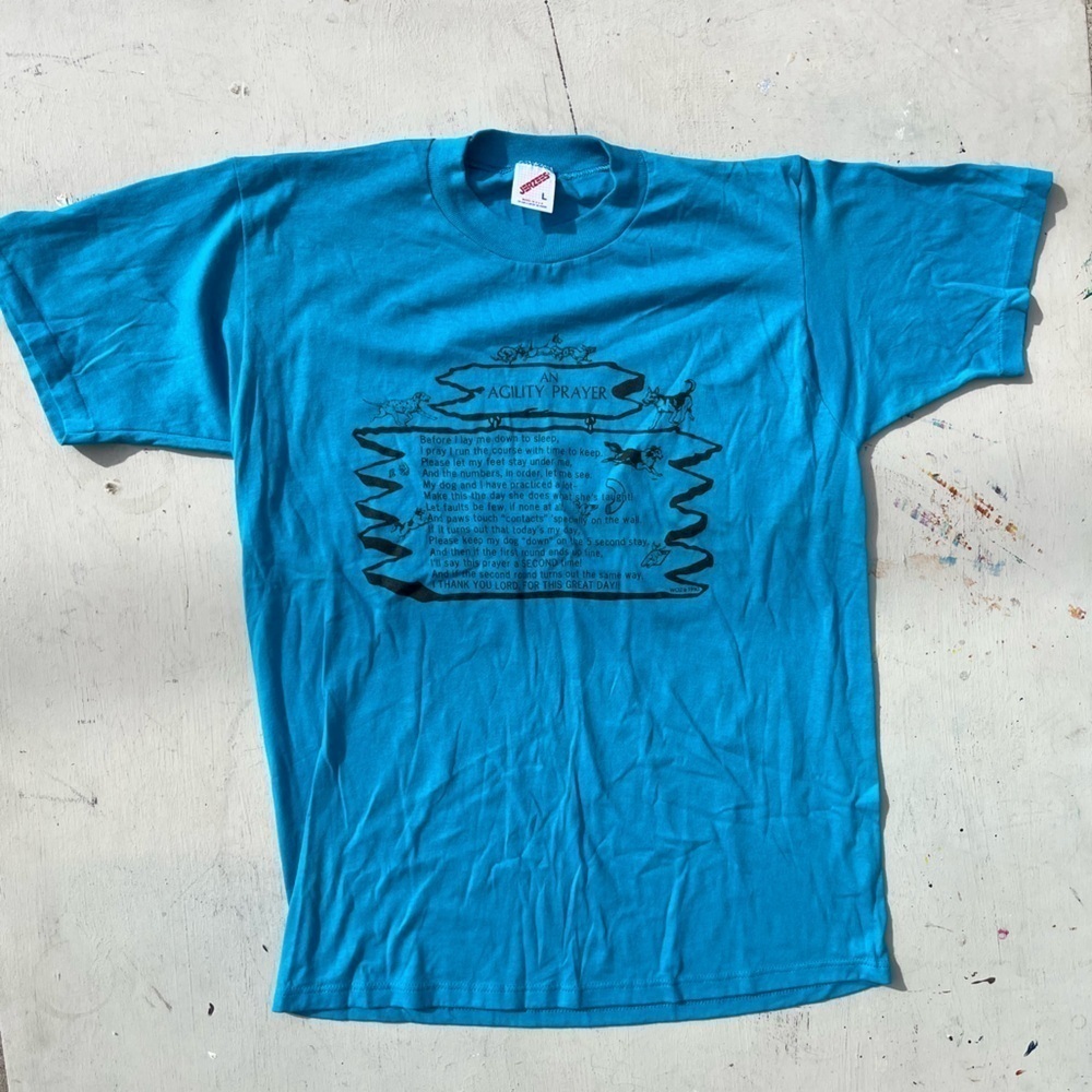 Men's Vintage Jerzees T-Shirt Blue Agility Prayer Lβ USA Dogs 80s 90s Funny City